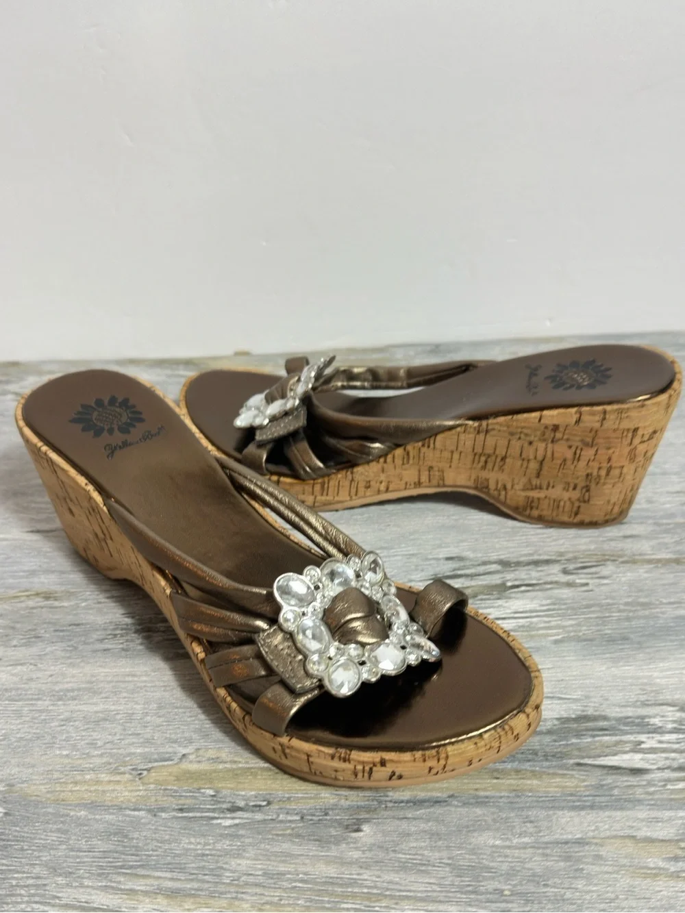 Yellow Box‎ Wedge Slide Sandals with Rhinestone Buckle - Bronze women’s size 7.5